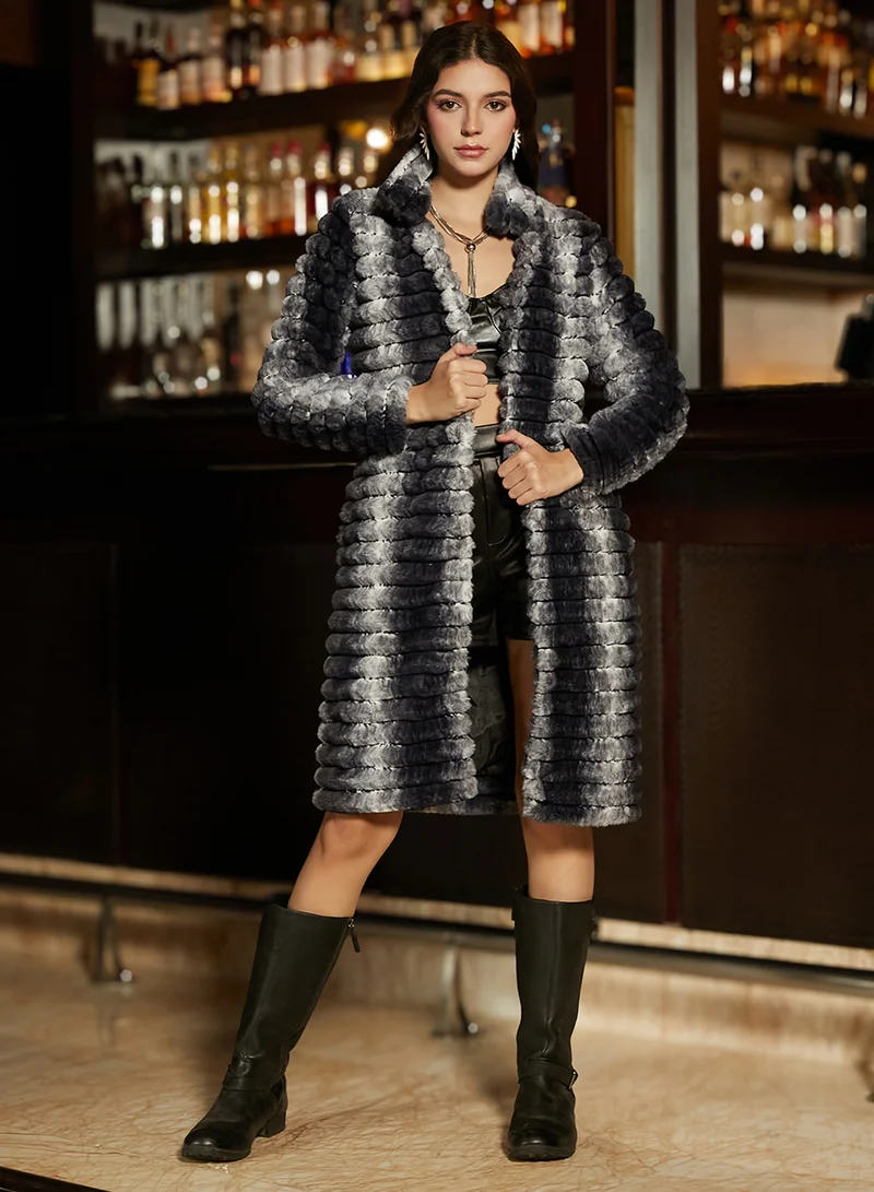 Campus Sutra Women's Midnight Black Ombre Ripple Long Coat For Casual Wear | Point Collar  | Long Sleeve | Pull On Closure | Coat Crafted With Comfort Fit For Everyday Wear